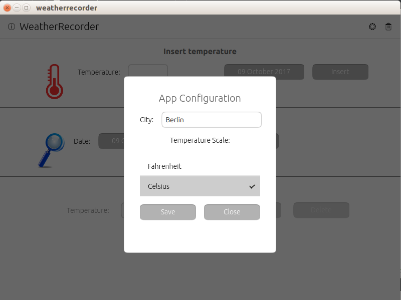 Pantalla de configuración de la aplicación